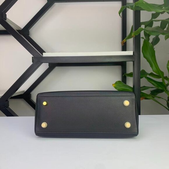 Handmade Genuine Leather Kelly 25 Black Top Handle Bag - Picture 7 of 12